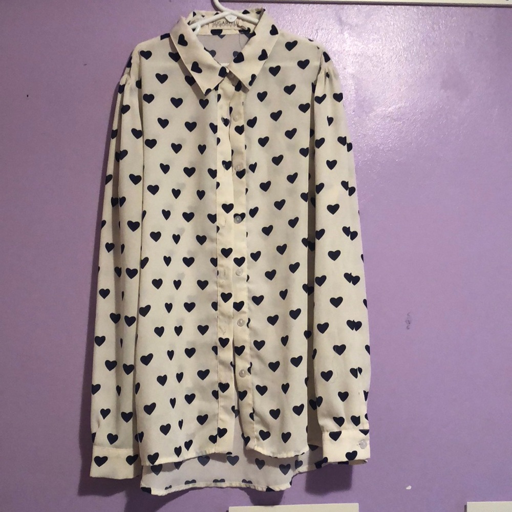 Ivory and navy heart print button down